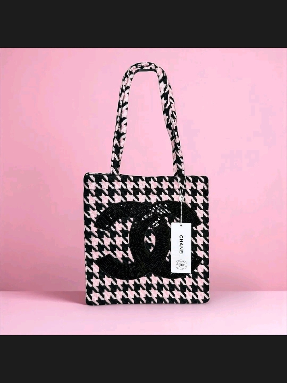 Pink and Black Houndstooth Tote with Black CC Motif